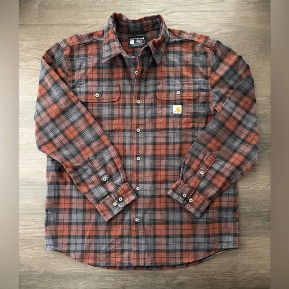 Carhartt Plaid Long Sleeve Ruat Orange Grey Black Flannel Shirt Sz Large - Picture 2 of 3